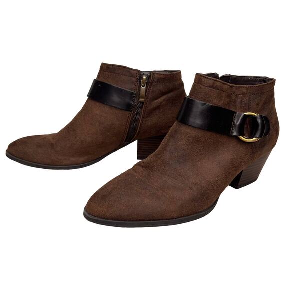 Franco Sarto Brown Faux Leather Ankle Boot Side Zip Stack Heel Bootie Size 7.5 - Picture 1 of 10